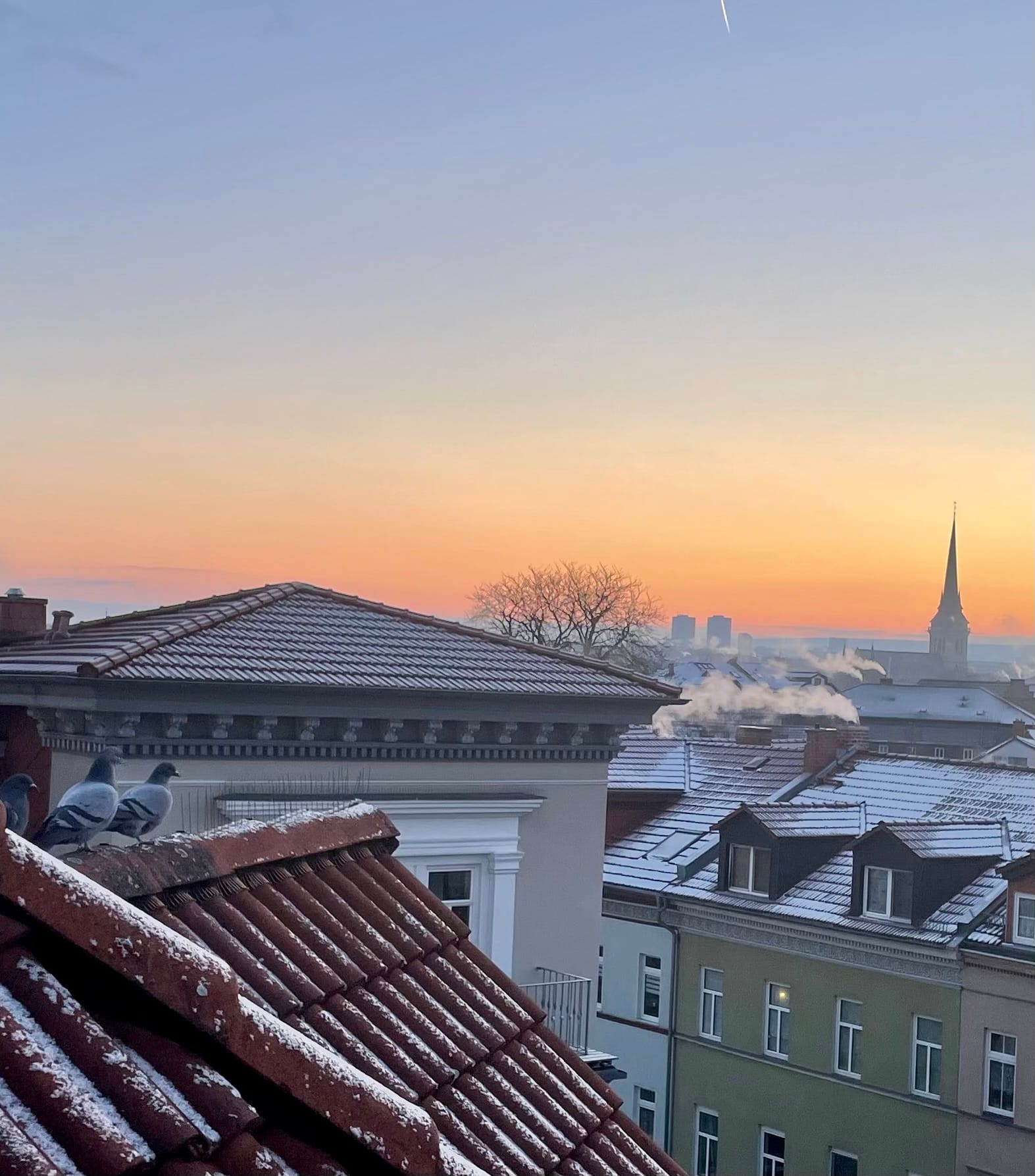 Links auf dem Dachgiebel haben sich zwei Tauben versteckt, sie blicken zum Sonnenaufgang. Die Dächer sind weiß vom Schnee.
