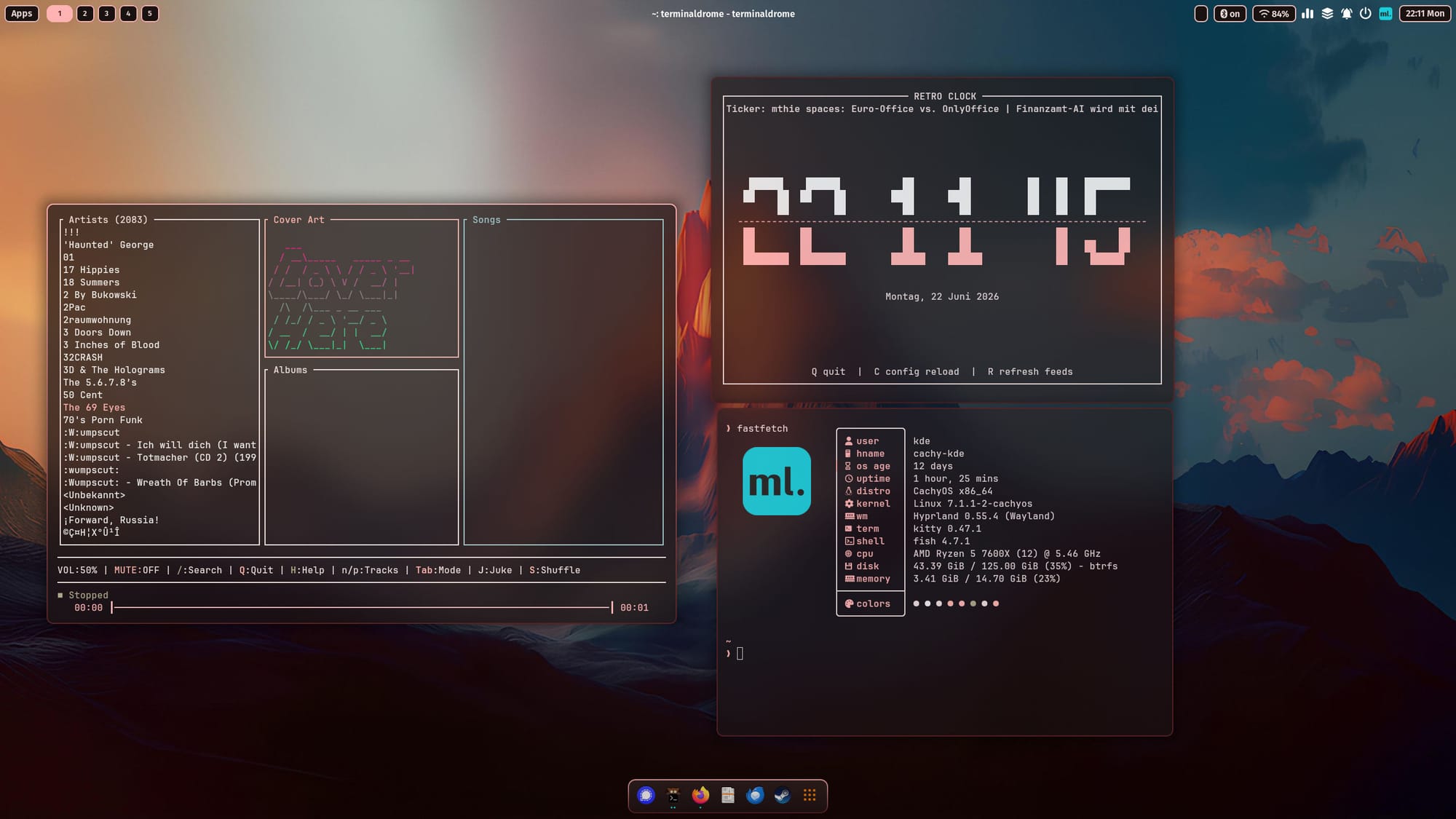 My clock.py near to TerminalDrome and fastfetch command on Hyprland