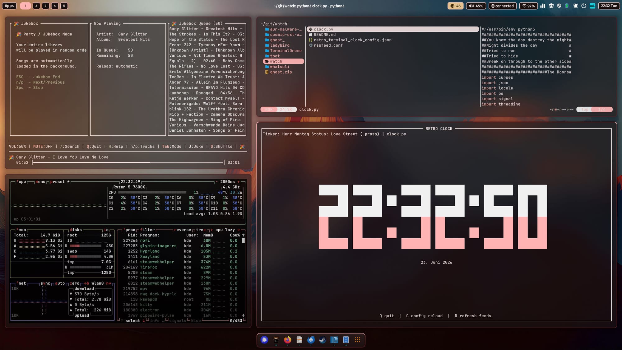 Hyprland mit BTOP, TerminalDrome, YAZI und Clock.py