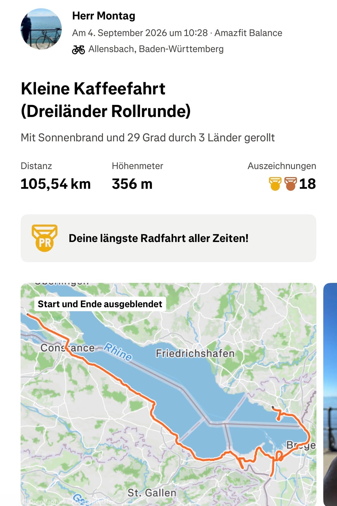 Screenshot von Strava. 105 Km