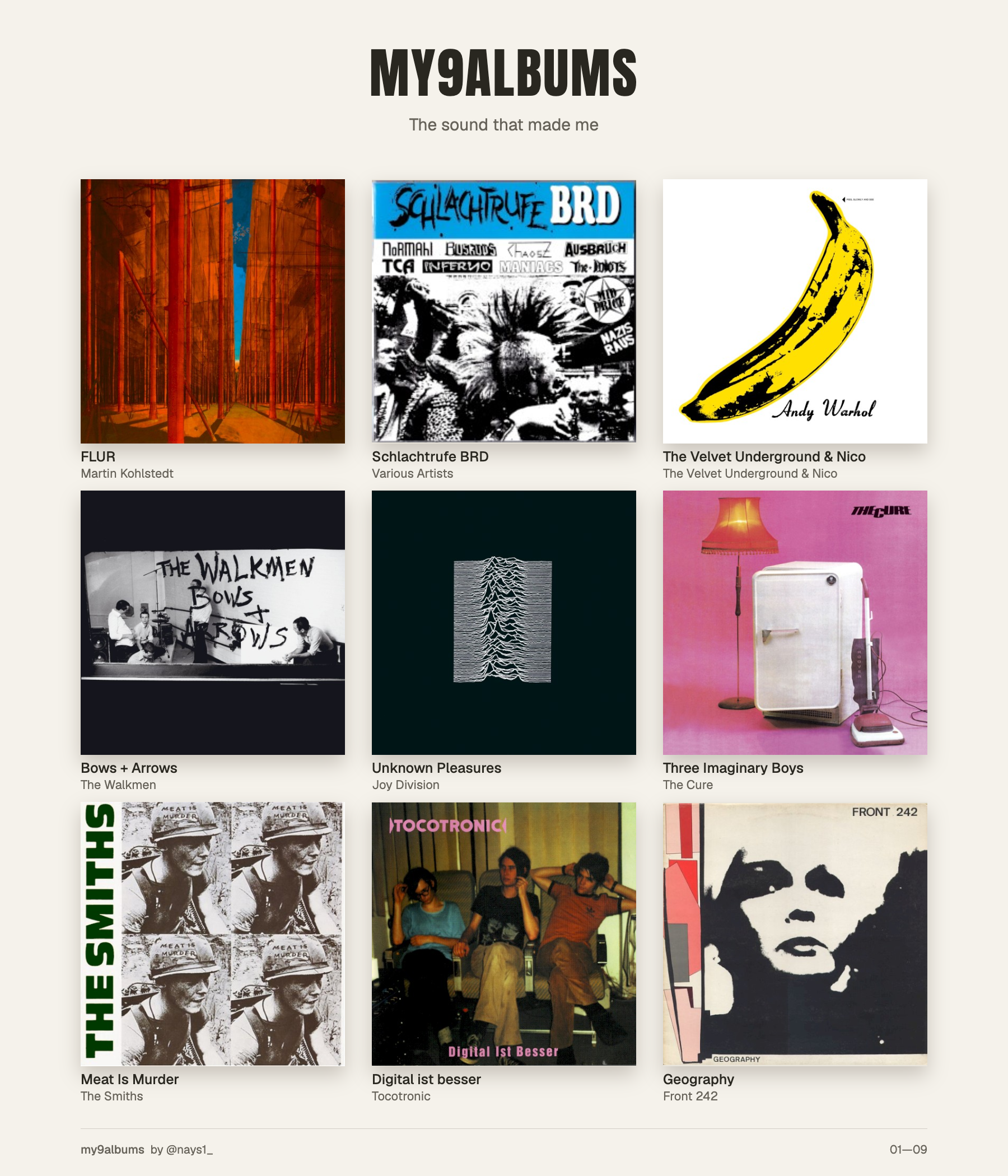 My9Albums: Flur, Schlatrufe BRD, The Velvet Underground, Bows & Arrows, Unknown Pleasures, Three Imaginary Boys, Meat Is Murder, Digital Ist Besser, Geography