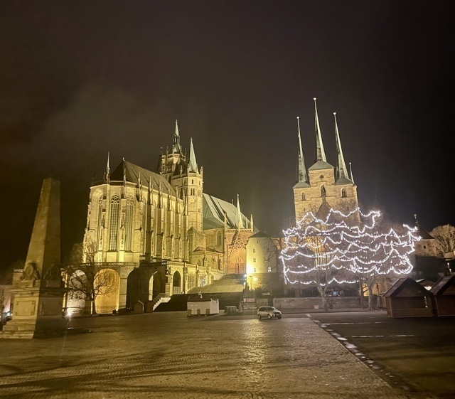 Der Erfurter Domplatz mit dem Erfurter Dom im Hintergrund, er ist hell erleuchtet, und seine Spitzentürme ragen in den schwarzen Nachthimmel hinein. Vorne sieht man noch weihnachtlich geschmückte Lichterbäume.