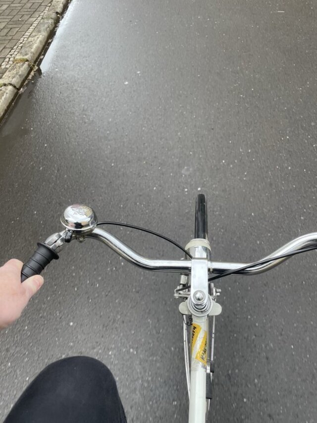 Herr Montag auf seinem Mifa-Fahrrad. Man sieht die Klingel und das Licht.